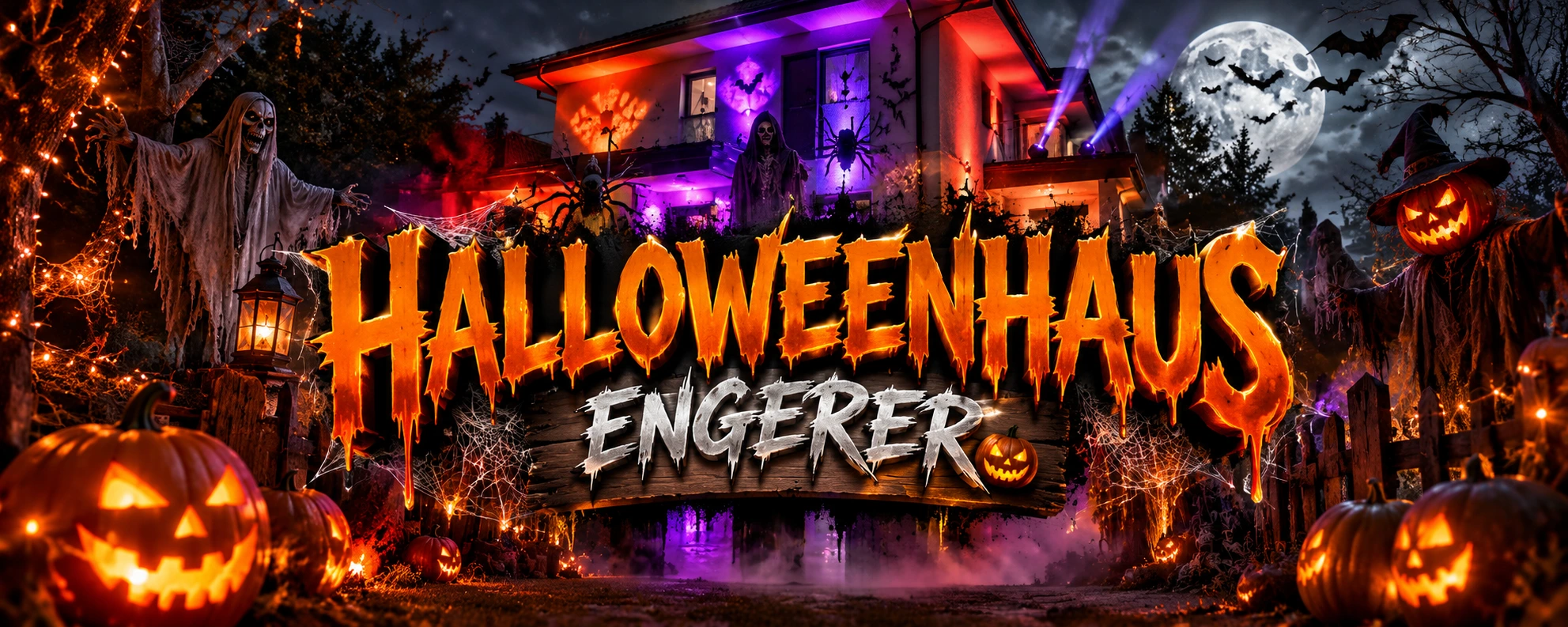 Halloweenhaus Engerer mit leuchtenden Kürbissen, Gruselfiguren und violetter Beleuchtung